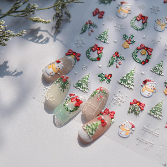 Christmas Nail Art Stickers 5D Embossed Xmas Nail Decals Christmas Tree with Snowman Design Snowflake Nail Sticker Winter Nails Adhesive Stickers Manicure Supplies for Women Nail Decorations