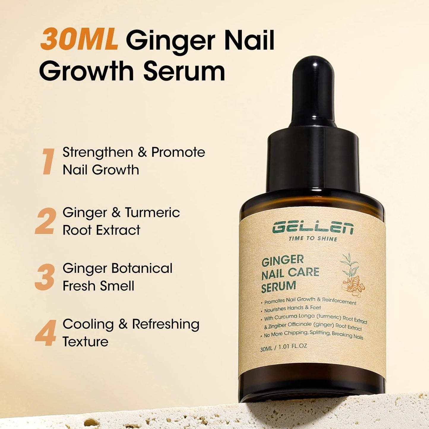 Gellen 30ml Ginger Nail Growth Serum for Nail Strengthener and Growth, Nail Repair Treatment for Weak Brittle Splitting Damaged Nails, Hydrated & Nourished Nail Care Solution for Hands & Feet
