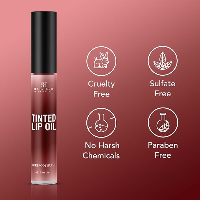 Botanic Hearth Tinted Lip Oil | Moisturizing Lip Gloss Oil for Dry Lips | Deep Red Gloss | Lightweight & Non Greasy | 0.3fl oz
