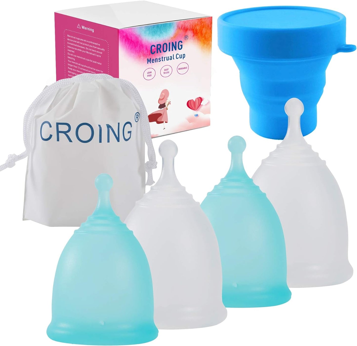 4pcs Menstrual Cup with 1 pc Sterilize Cup,Menstrual Cup Holder, Storing Period Cup(Blue and White)