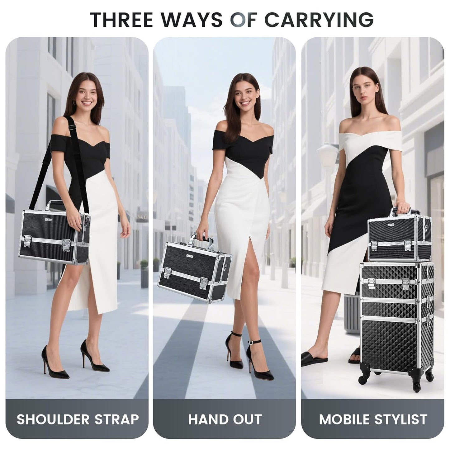 FRENESSA Makeup Train Case Makeup Case 12.6 Inch Large Cosmetic Box Organizer Travel Storage Professional Make Up Train Carrying Case with 6 Trays Locking Shoulder Strap Hard Vanity Storage Black