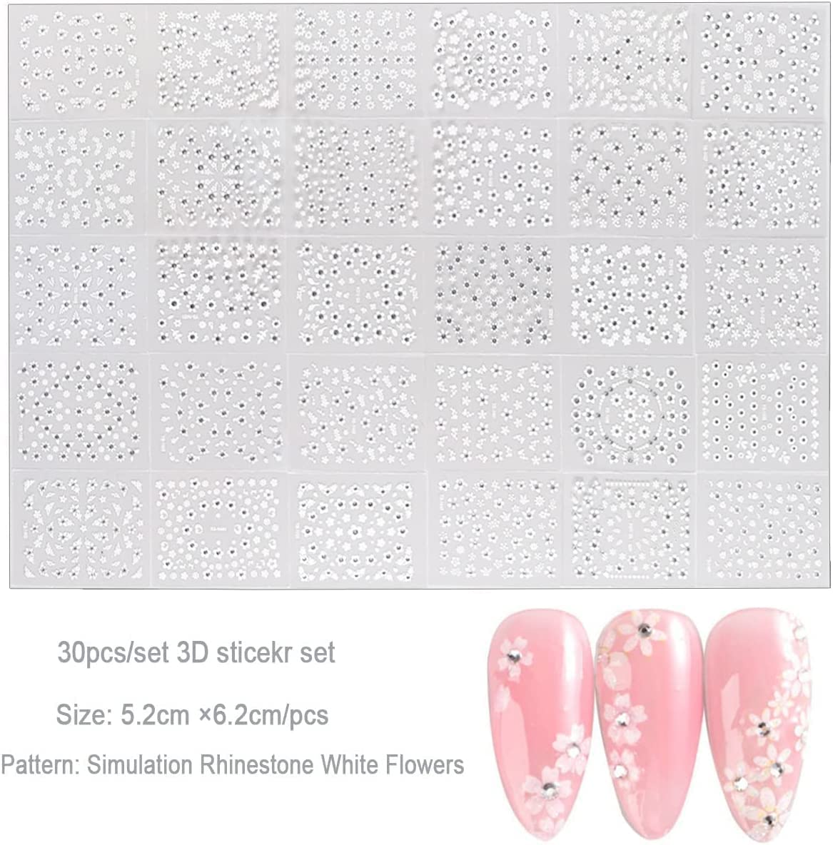 30 Sheets White Flower Nail Art Stickers, White Flower with Rhinestones Designs Nail Decals 3D Self Adhesive Nail Stickers Nail Art Supplies for Nails Decorations