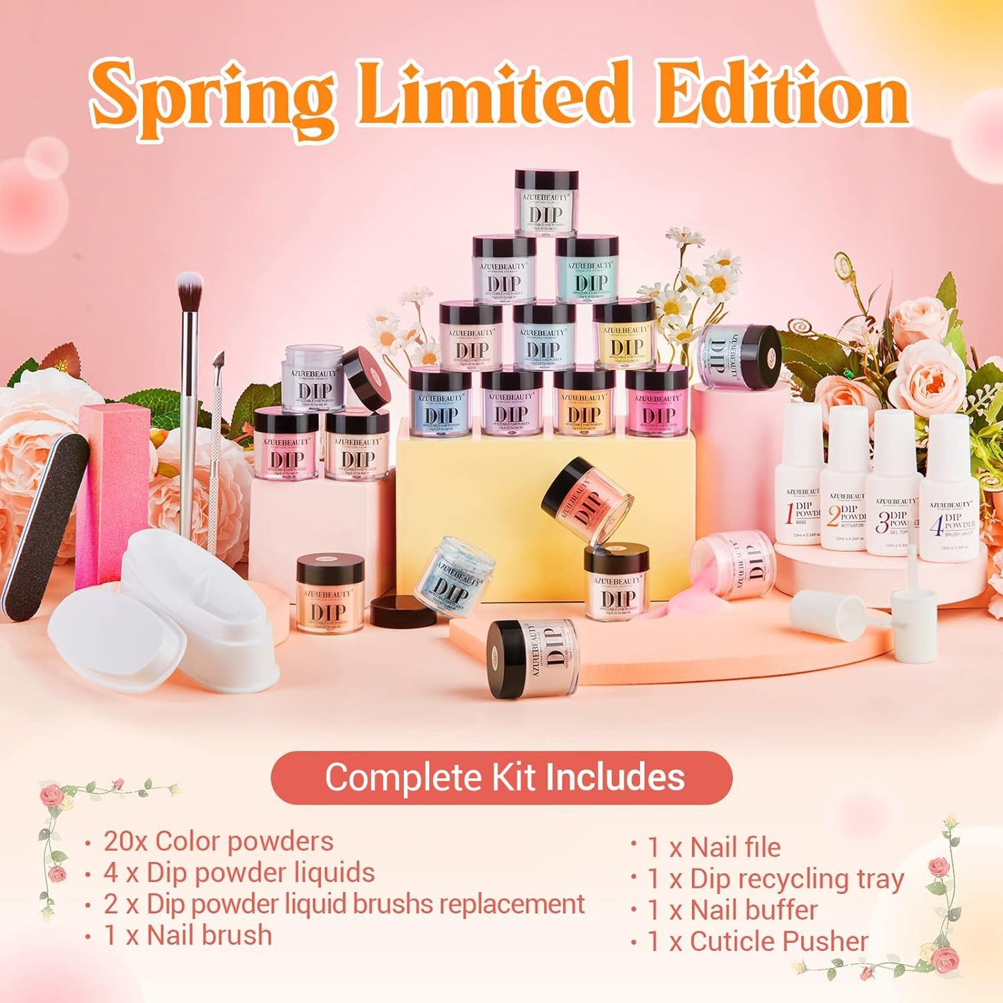 AZUREBEAUTY 31Pcs Dip Powder Nail Kit Starter 20 Colors Pastel Spring Summer Pink Acrylic Dipping Powder Set with Top/Base Coat Activator & Recycling Tray for Macaron French Manicure Salon
