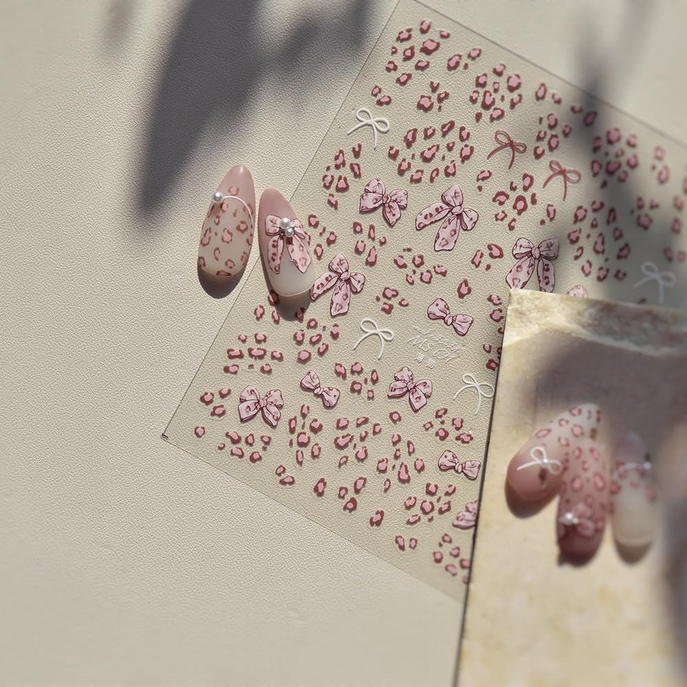 Pink Leopard Bow Nail Art Stickers 3D Embossed Fall Winter Nail Stickers, Self-Adhesive Durable Nail Art Decals for Women Girls, Nail Wraps Decoration Manicure for DIY Acrylic Nail Accessories