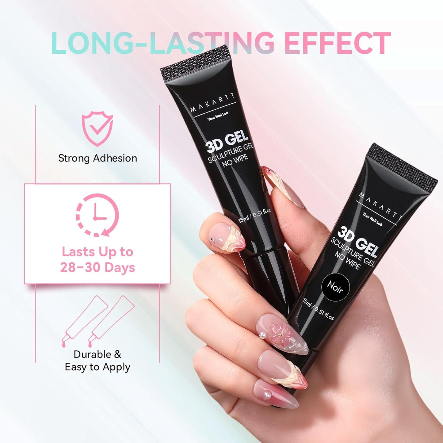 Makartt 3D Gel Nail Art Set – Clear & Noir Sculpting Gel for DIY Embossed Nail Designs – No Wipe Easy-Squeeze Tube Nail Glue for 3D Drawing, Molding, Rhinestones & Decoration (2 x 15g)