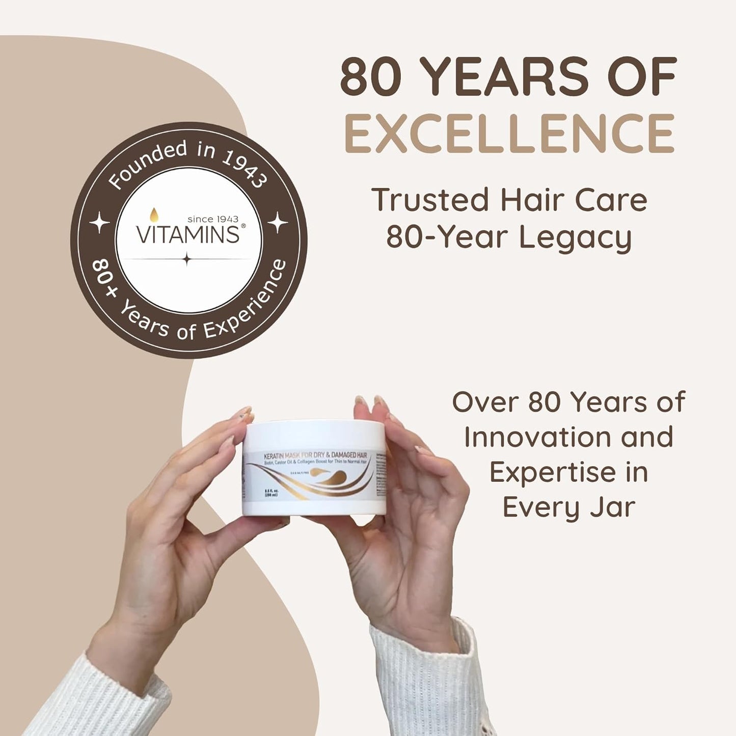 VITAMINS hair cosmetics Keratin Hair Mask - Protein Repair Keratin Treatment - Deep Conditioner for Dry, Damaged, Curly, Straight & Frizzy Hair with Biotin, Collagen & Castor Oil - 8.5 Fl Oz