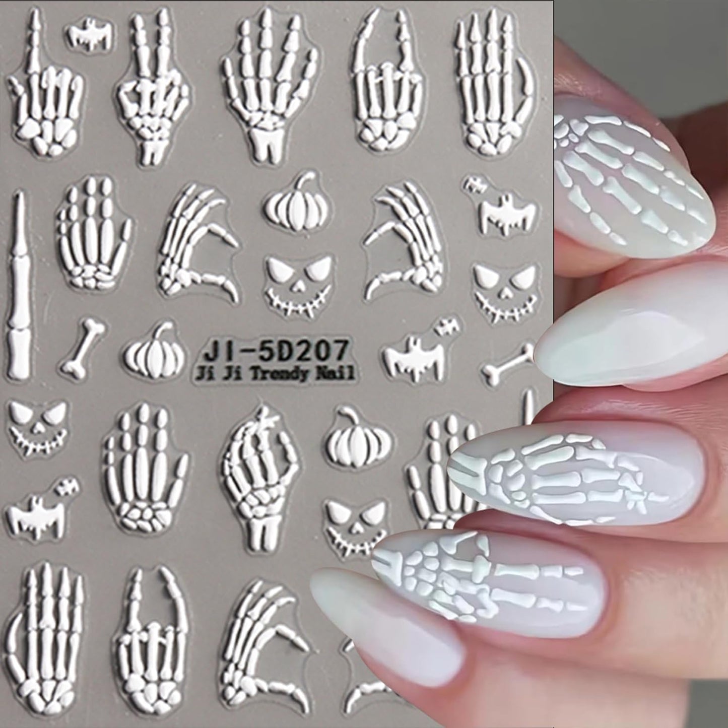 Halloween Nail Art Stickers Decals 5D Embossed Skull Nails Stickers Rose Gold White Skeleton Nail Decal Self-Adhesive Flower Nails Art Decal for Women Halloween Decor