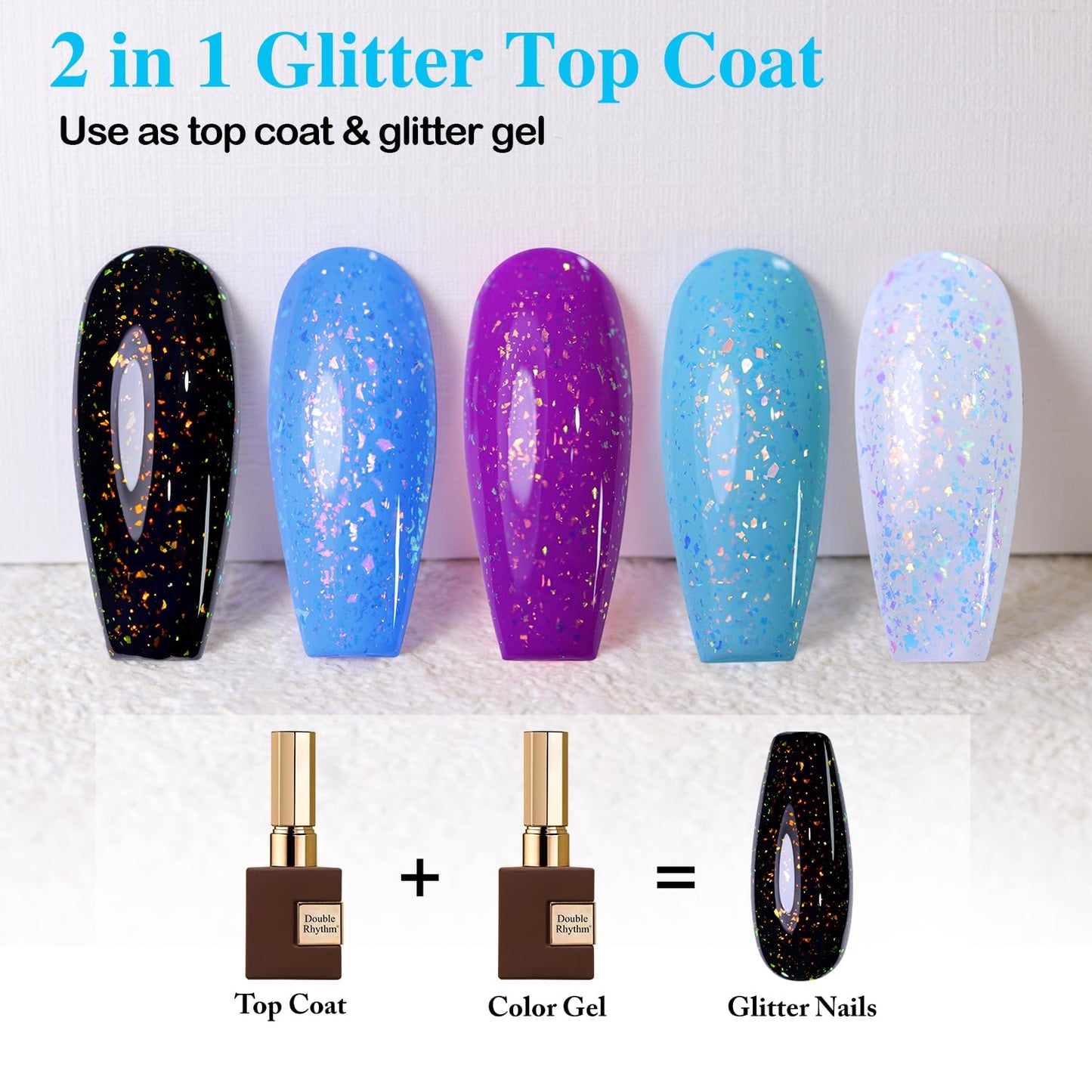 Double Rhythm 15ML No Wipe Gel Top Coat Base Coat Iridescent Glitter Shimmer 2 in 1 Nail Polish Soak Off Manicure DIY Home Salon (AURORA TOP COAT 6)