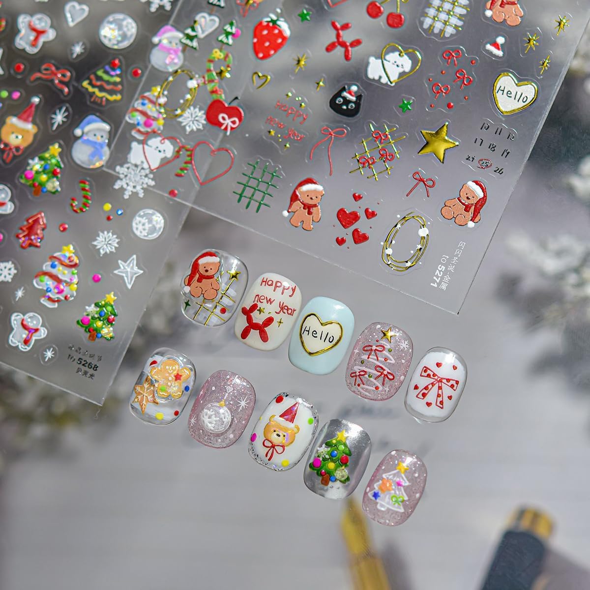 Christmas Nail Art Stickers 5D Embossed Xmas Cute Bear Nail Stickers Strawberry Xmas Light Xmas Tree Bowknot Cherry Gift Nail Decals for Women Girls Winter Holiday Manicure DIY Nail Supplies 1 Sheet