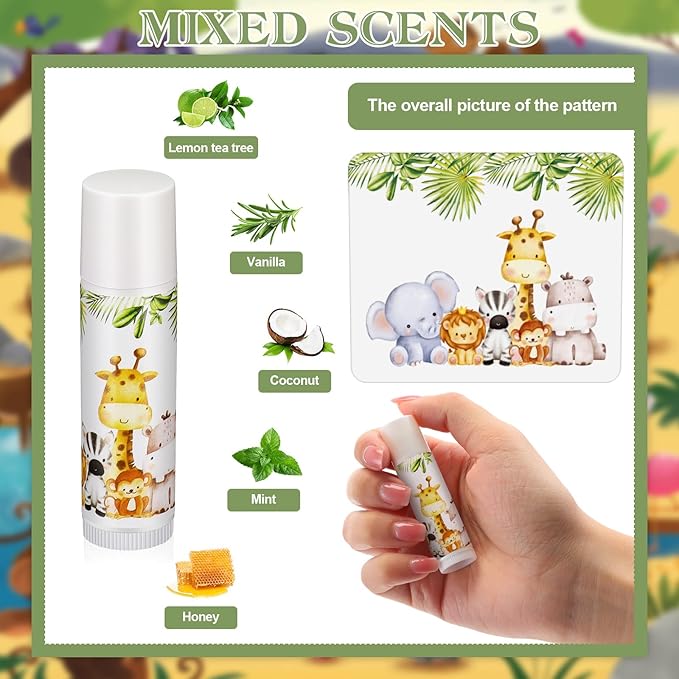 Fumete 50 Pack Jungle Animal Baby Shower Party Gifts Favors Bulk Lip Balms for Guests Boys Girls Neutral Gender Reveal Favors for Baby Shower Prizes Souvenirs Bags Stuffer Classroom Prizes