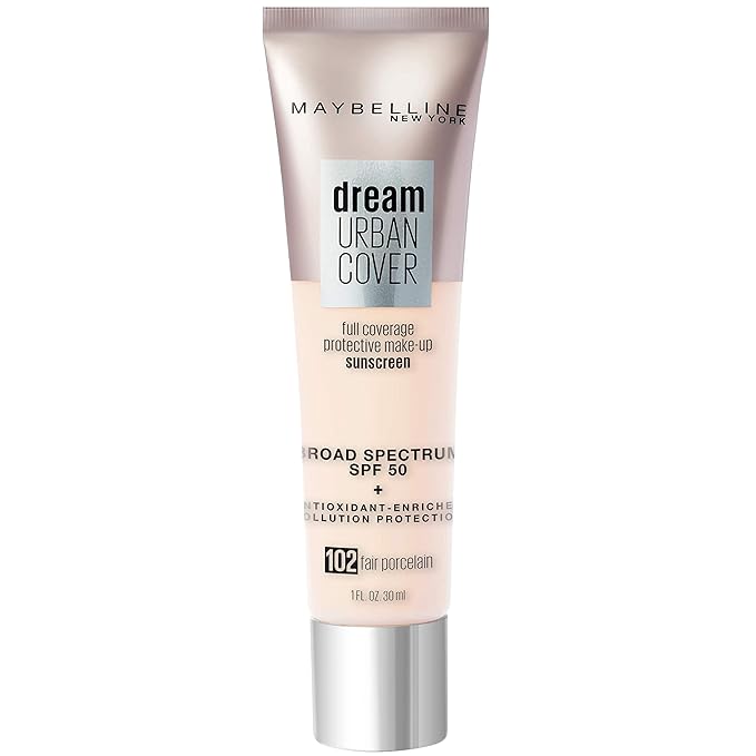 Maybelline Dream Urban Cover Flawless Coverage Foundation Makeup, SPF 50, Fair Porcelain