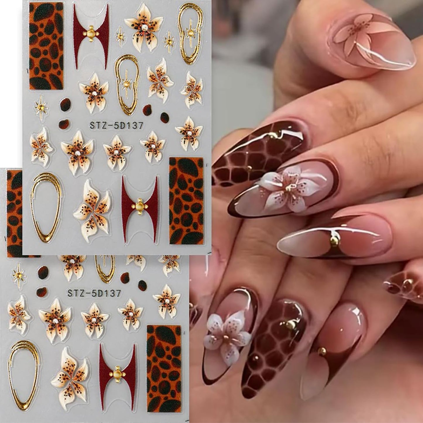 Fall Nail Stickers Leopard Flower Nail Decals Autumn Nail Art Supplies 5D Embossed Self Adhesive Leopard Print Floral Nail Design Supplies Brown Fall Stickers for Women DIY French Manicure Accessories