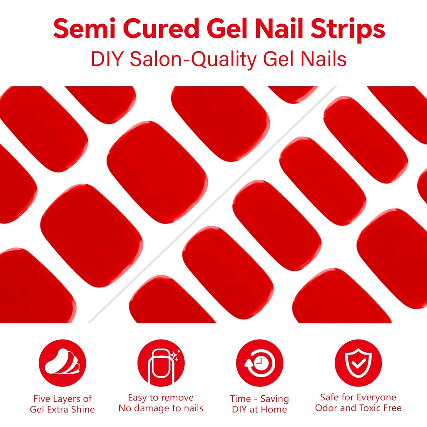 Semi Cured Gel Nail Strips-Salon Quality Work Nails Basic Red Colors Quick and Easy Apply Nail Stickers 60s Quick Dry Manicure Set Works with Any UV/LED Lamps(Red)
