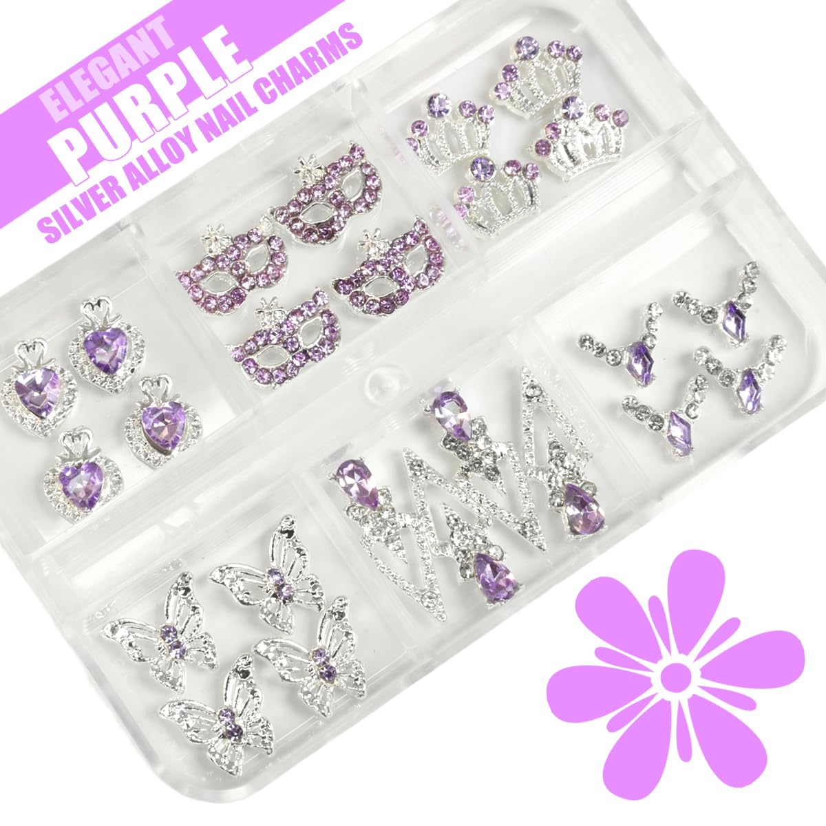24pcs Purple Luxury Nail Charms Heart Rhinestones Charms 3D Big Crown Butterfly Nail Gems Crystals Diamonds Jewelry Stones Alloy Studs Supplies Decor for Arylic Nails Face Makeup DIY Crafts