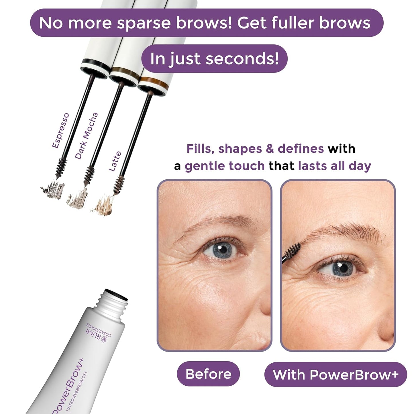 PowerBrow+ Tinted Eyebrow Gel For Older Women - Defines, Fills, Thickens Brows - 2-in-1 Formula - Natural Color, Quick Fixing, Long-Lasting - Hypoallergenic Dark Brown (Espresso)