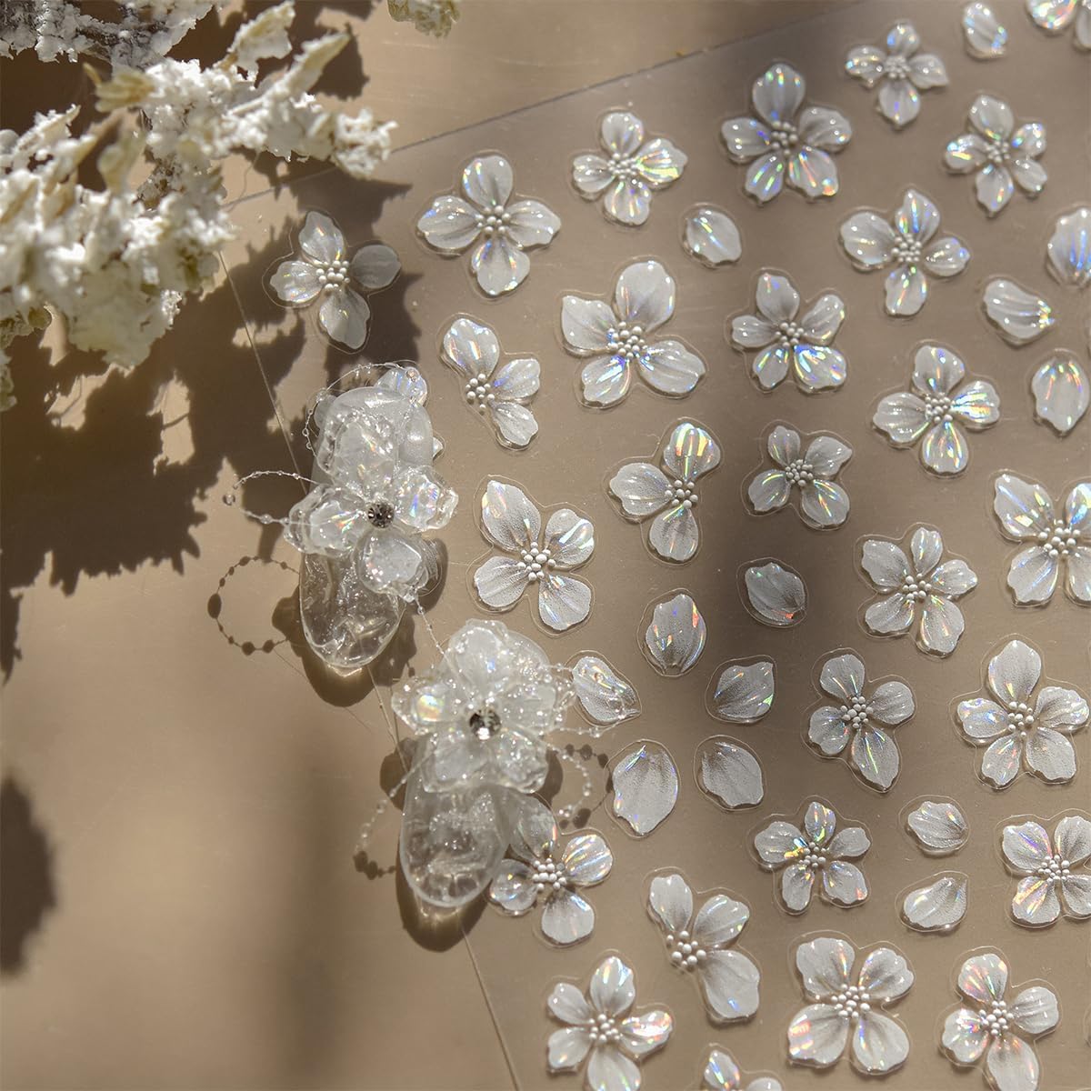 Flower Nail Stickers for Nail Art White Magnolia Petals Wedding Nails Design 3D Nail Art Stickers Decals Shiny Shell Light Crystal Flowers Stickers for Nails Summer DIY Manicure Decorations 1Pcs