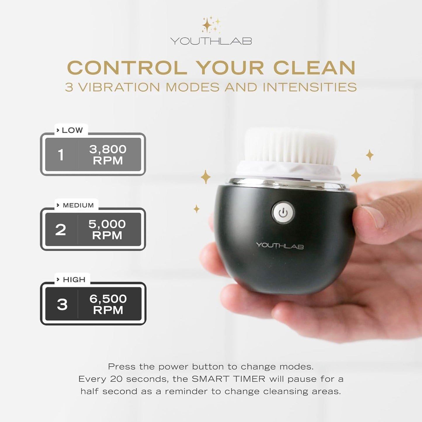 Pure Radiance, Vibrating Facial Cleansing Brush, Electric, 3 Modes, 3 Brush Heads (2 Bristle,1 Silicone), Waterproof, Rechargeable, Smart Timer, Exfoliating, Massage (Black)