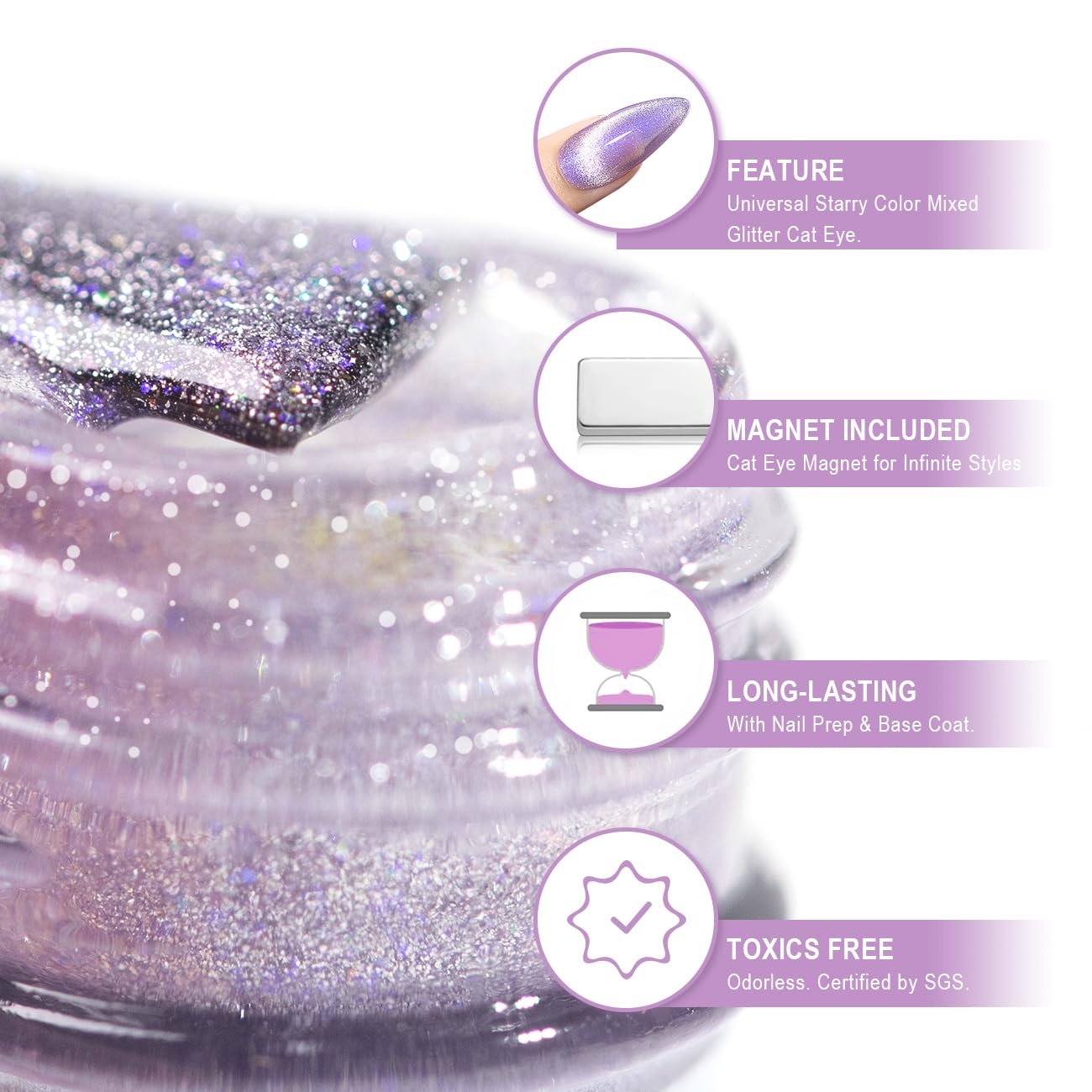 RARJSM Cat Eye Gel Nail Polish Aurora Violet Purple Velvet Silver Glitter Universal Galaxy Shimmer Ice Gel Polish with Magnet Stick Single Bottle 15ml LED UV Curing Requires Soak Off Salon Home