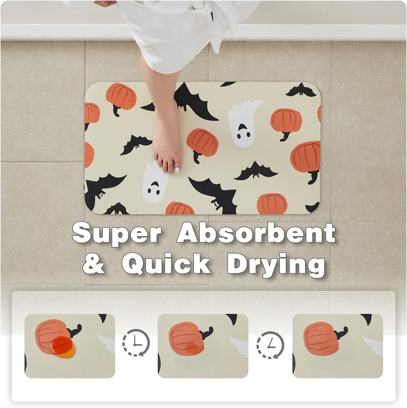 Halloween Bath Mat, Thin Bathroom Rug Non Slip Quick Dry Pumpkin Bath Mat Fits Under Door Thin Floor Mat Halloween Decor, 24''x36'', Pumpkins Bats and Ghost