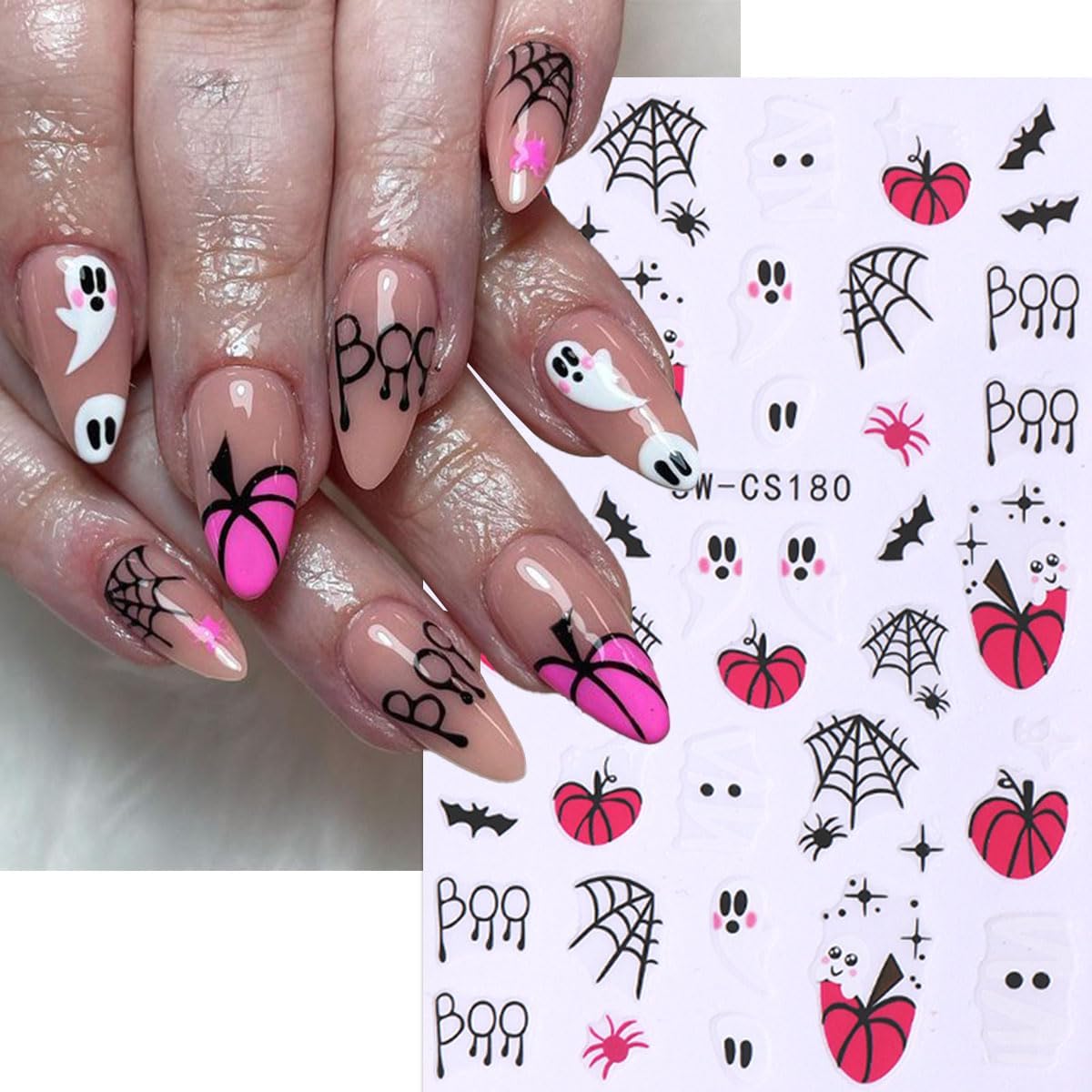 6 Sheets Halloween Nail Stickers Spider Web Nail Art Stickers Ghost Nail Decals Black Pink Red Bat Heart Boo Design Pumpkin Nail Sticker for Nail Art for Women DIY Holiday Salon Manicure