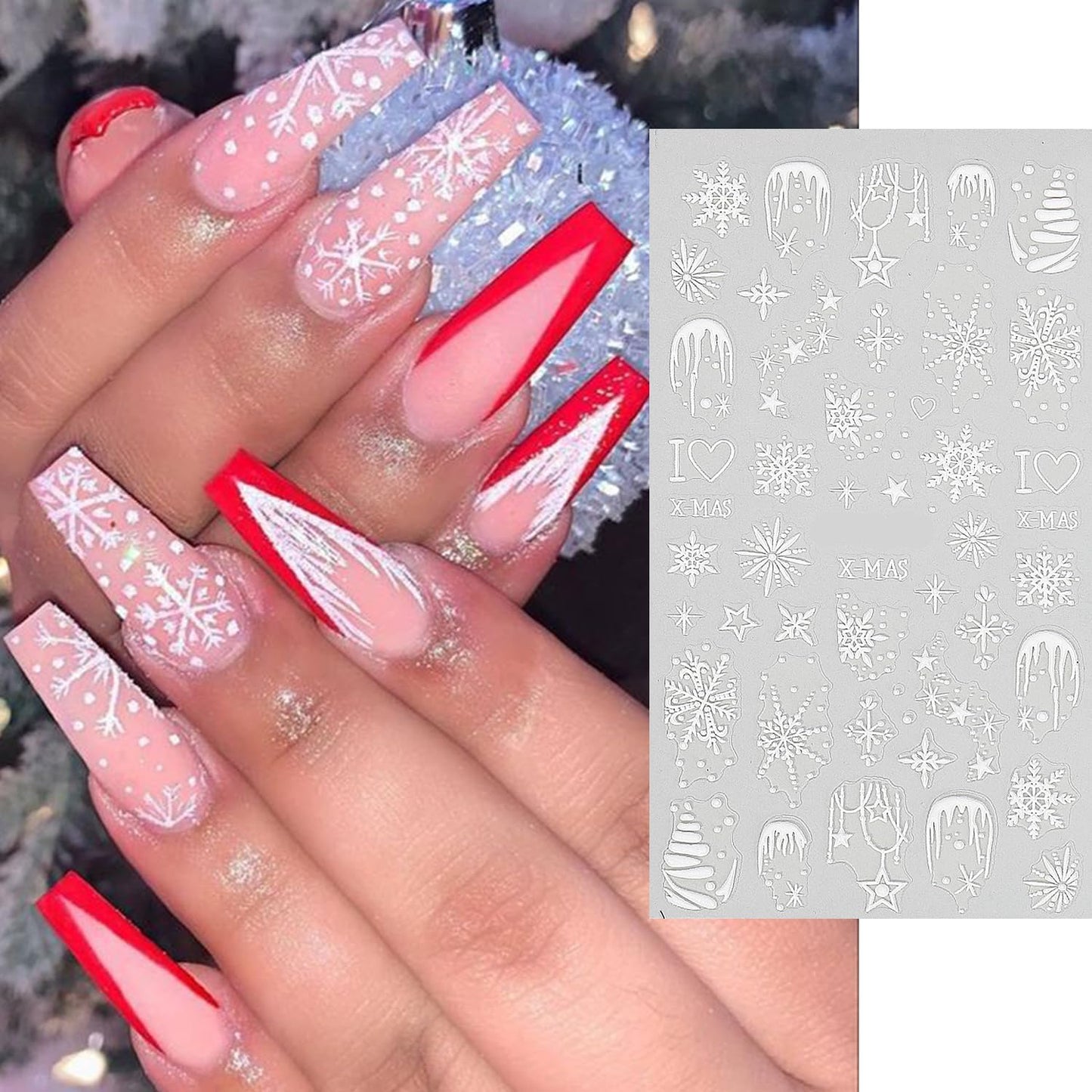 HNUIX Nail Stickers - Snowflake 5D, Self Adhesive Nail Decals, Multi Pattern, 4 Sheets, for Nail Art