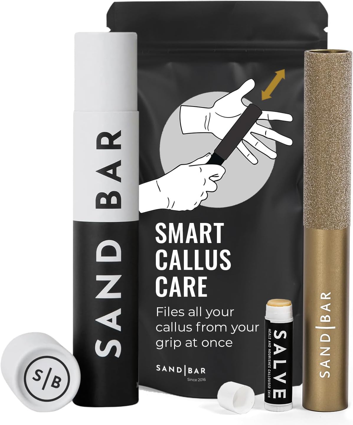 SandBar Callus Remover Tool, File for Hands, Durable Aluminum Tool Callus Shaver, Palm and Heel Dead Skin Removal, Includes Nourishing Salve, Ideal for Athletes, Climbers, and Gym Enthusiasts - Gold