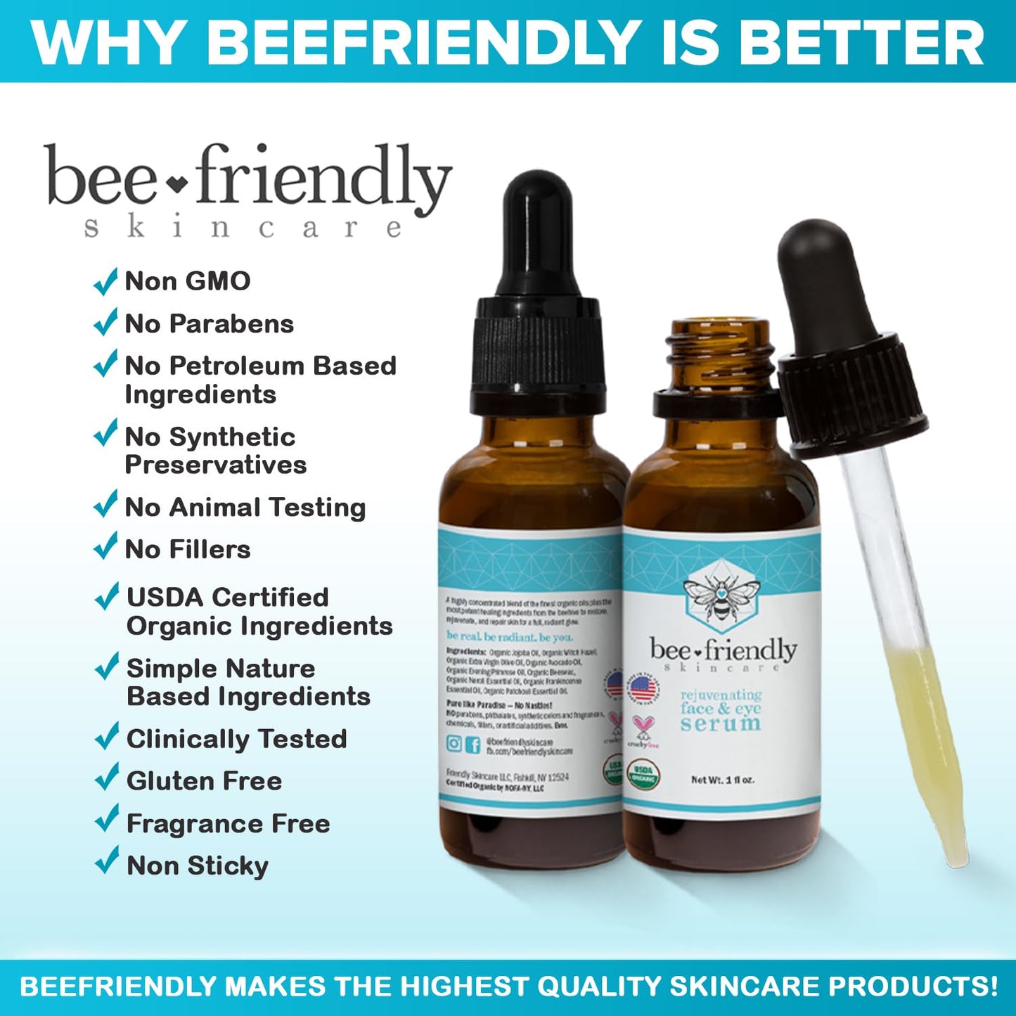 Organic Face & Eye Serum By BeeFriendly, Deep Hydration, Nourishes, Tightens, and Firms Facial Skin, and Lifts Facial Skin USDA Certified & All Natural Serum for Face, Women or Men, 1 oz