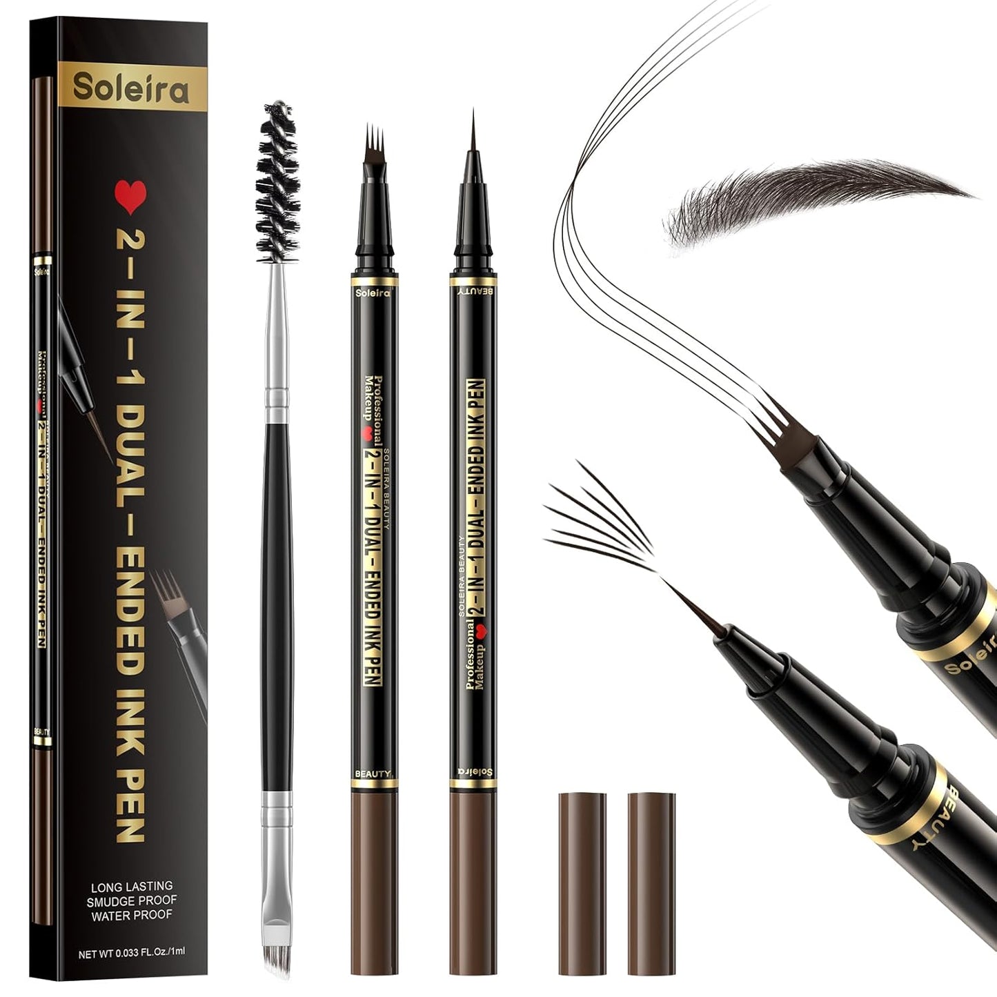 Waterproof Eyebrow Pencil with 4 Tip Microblading Pen and Dual-ended Brush, for Natural-Looking Brows, Long-Lasting, Black Brown