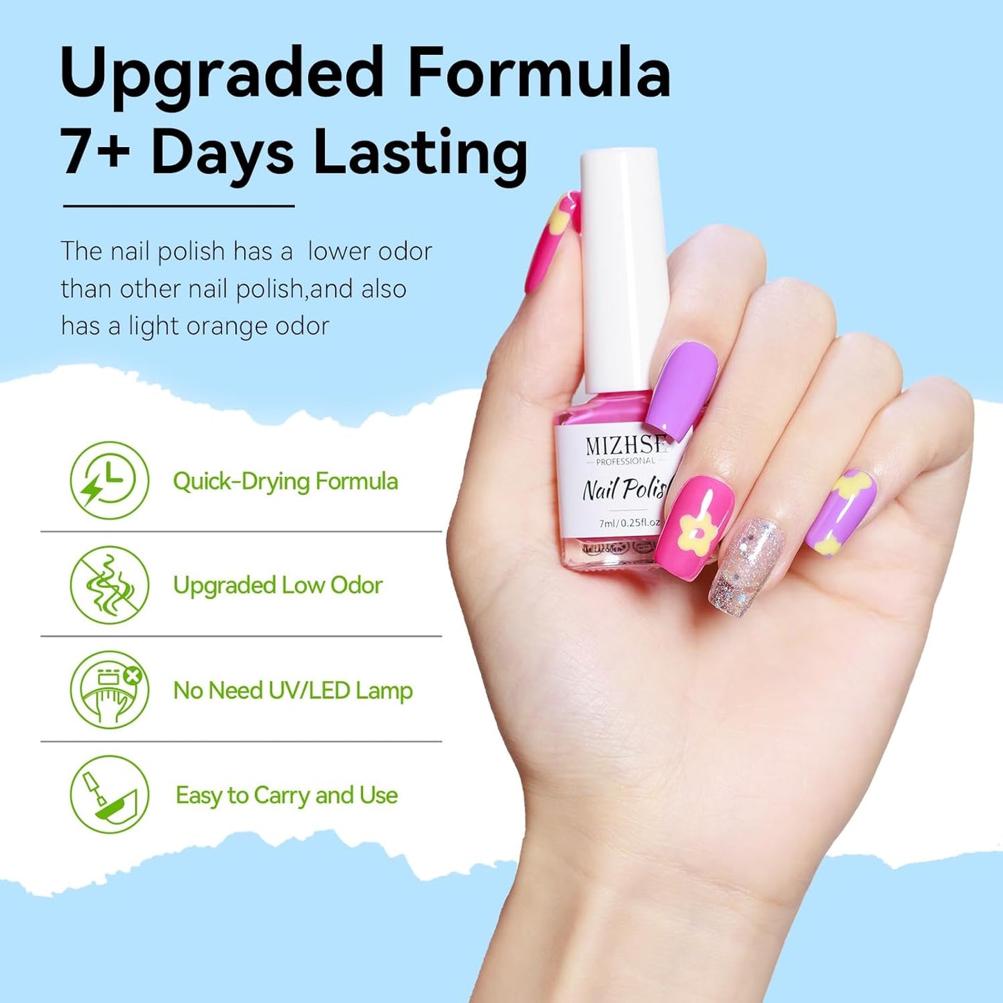 MIZHSE Nail Polish Set, Bright Colors Quick Dry Nail Polish for Women Girls, Fall Nail Lacquer Yellow Green Purple Rose Pink Air Dry Fingernail Polish for DIY Nail Art Salon, Ideal Non-Gel Gift Set