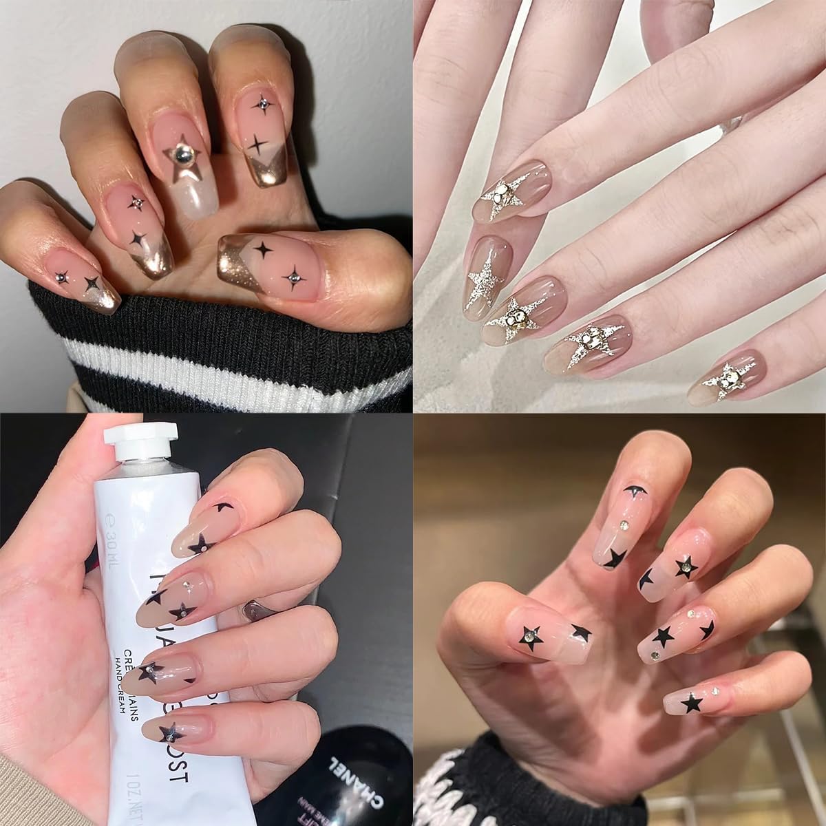 6Pcs Star Nail Art Decoration Stickers - 3D Glitter Decals With Crystal Rhinestones Design for Manicure - Irregular Five-Pointed Charms Supplies for Women