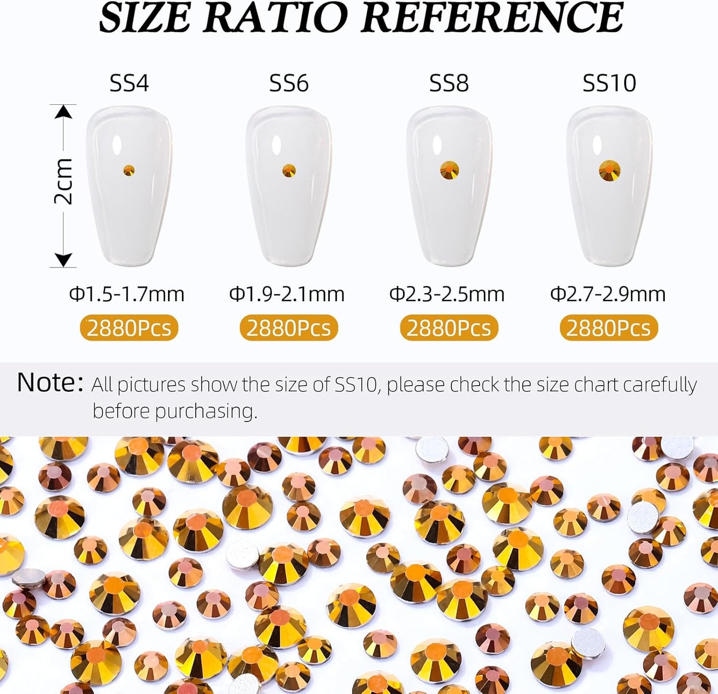 Gold Flatback Rhinestones, Glass Rhinestones for Nail Art and Craft, Glue Fix, Loose Crystal Gemstones(Gold, SS6, 2880pcs, 1.9-2.0mm)