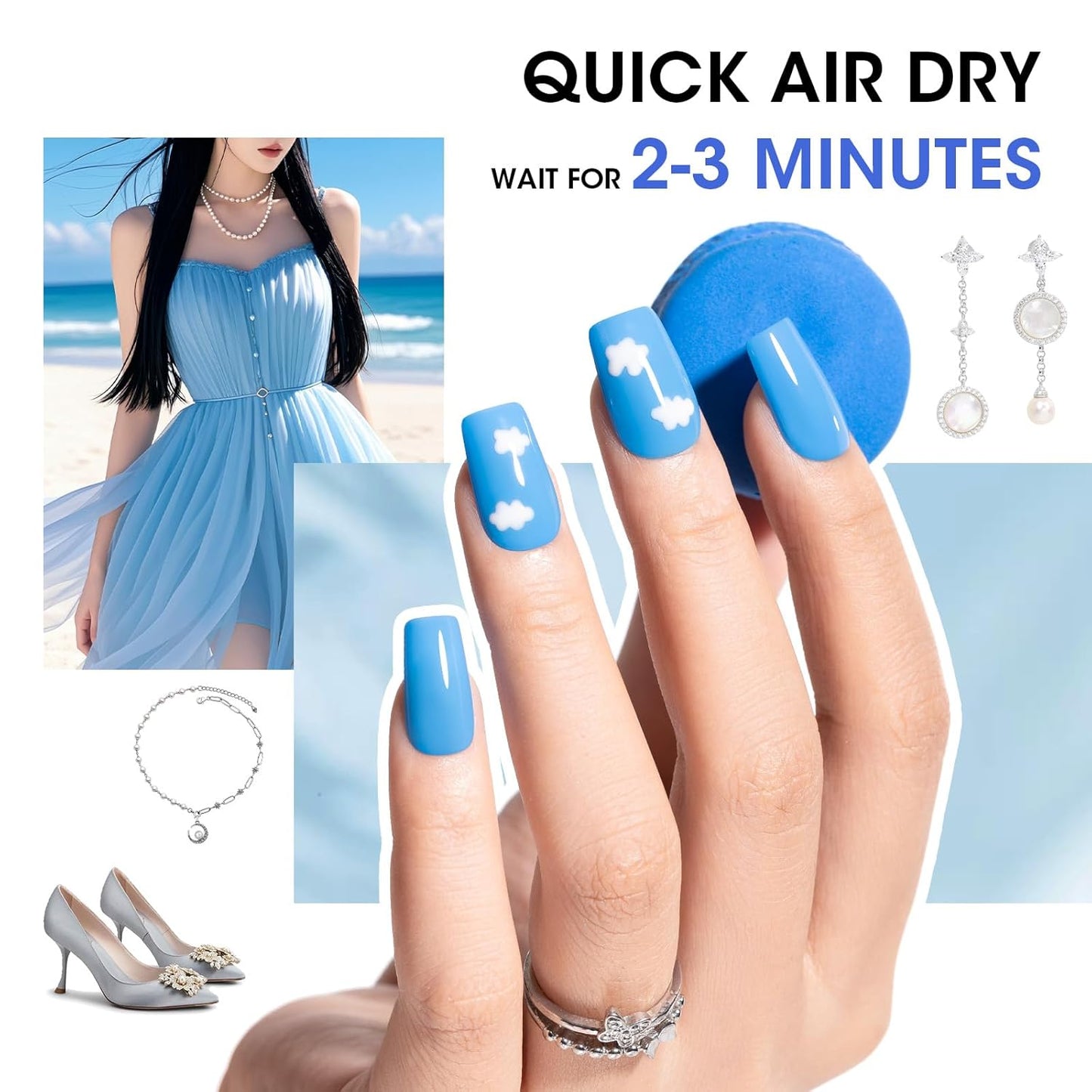 GELLEN Blue Nail Polish, Bright Navy Royal Baby Ocean Cobalt Blue White 6 Colors Set, insta Air Dry Natural Traditional Regular Nail Polish for Acrylic Natural Nails Salon Home, Non UV Gel, Hema Free