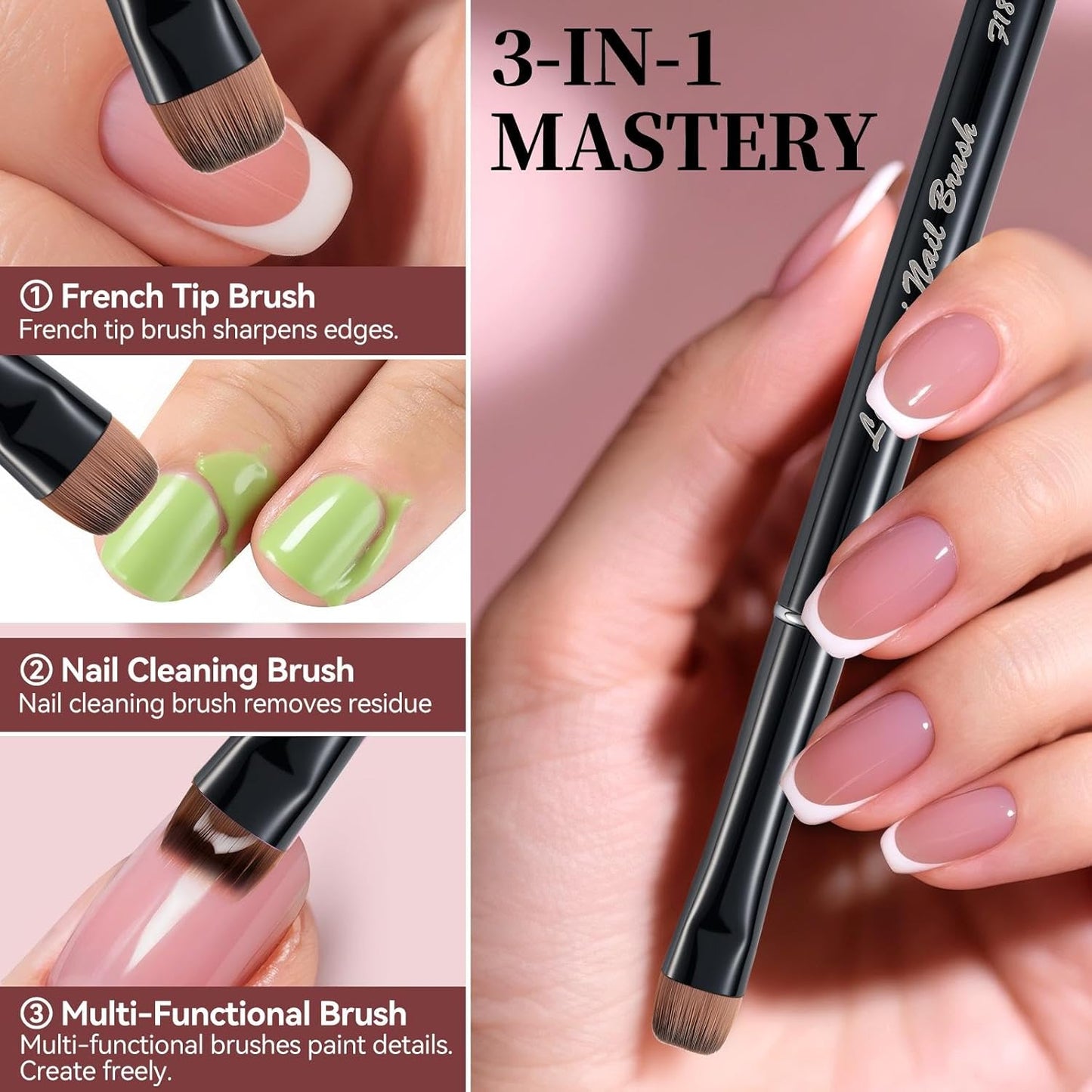 Nail Brush for French Tip, Nail Cleaning Brush for Gel & Acrylic - Professional Kolinsky Sable French Manicure Brush, Thin Nail Art Brush for Precise Clean Up & Polygel Application (Black, F16)
