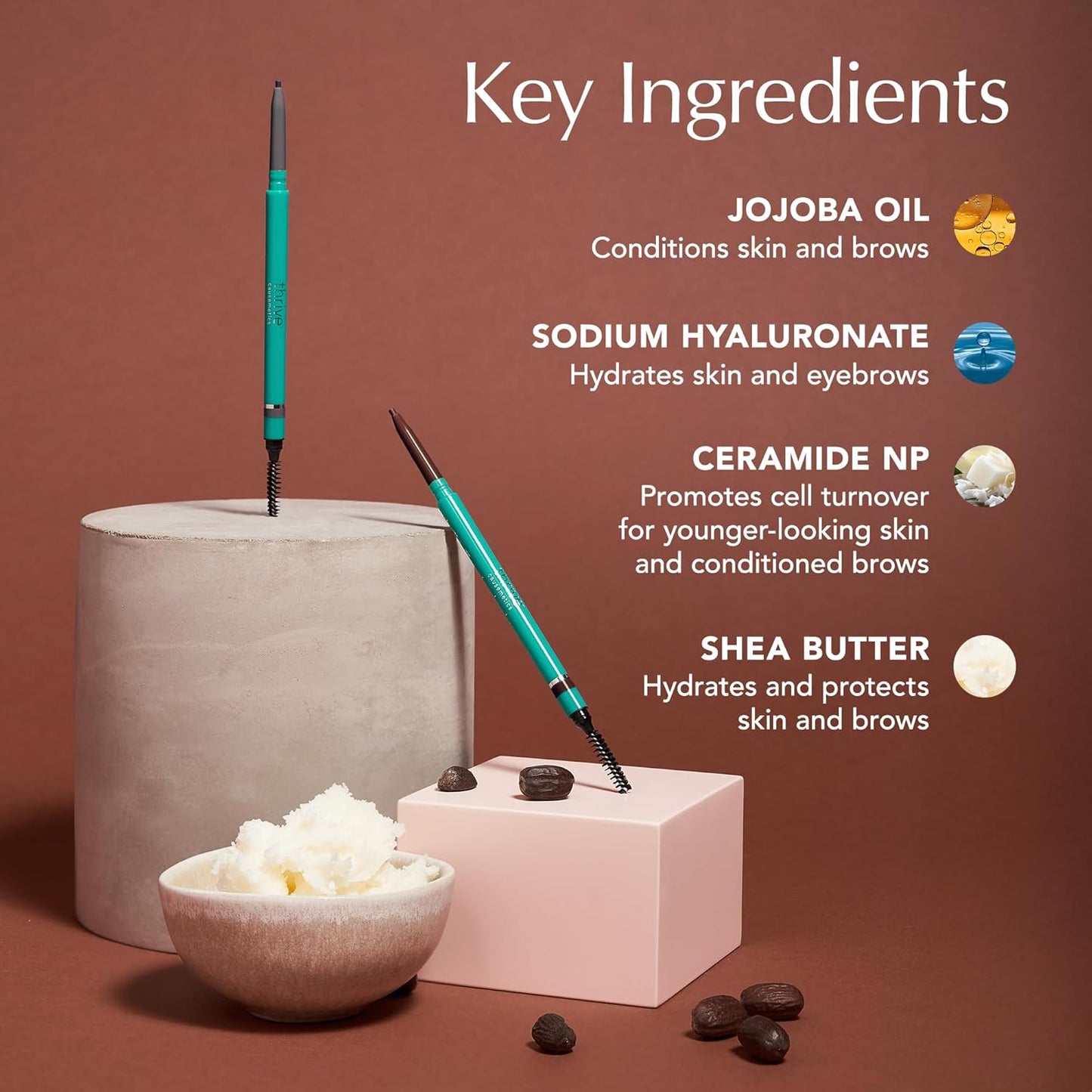 Thrive Causemetics Infinity Waterproof Eyebrow Pencil, Retractable Brow Pencil with Hyaluronic Acid & Shea Butter, Dual Ended Eyebrow Brush Spoolie, Fine Tip, Vegan & Cruelty Free, April (Cool Brown)