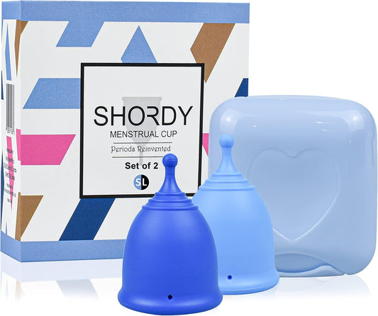 SHORDY Menstrual Cups Set of 2(Small+Large) with Box Soft Menstrual Cup & Flexible Period Cups for Women Upto 12 Hours Eco-Friendly & Safer Tampons Discs Pads Alternative Copa Menstrual (Blue)