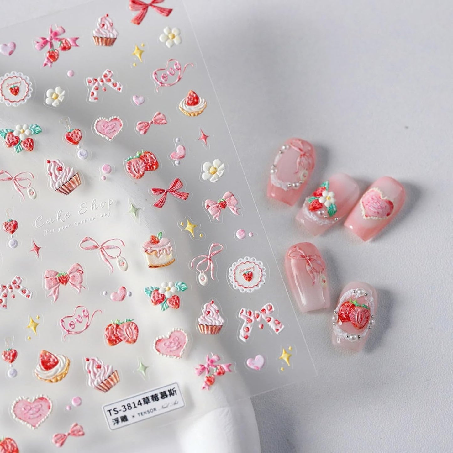 5D Embossed Pink Nail Stickers for Nail Art Cake Strawberry Bow Nail Art Stickers Nail Decals Self Adhesive Cute Nails Design Manicure Supplies Charm for Women Nails Decorations