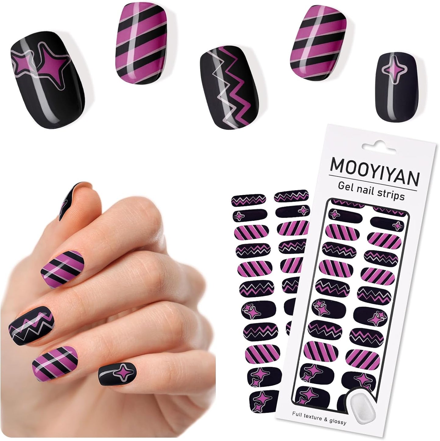 Gloss Nail Strips|Uv Free|22 Pcs,Gel Nail Stickers|Long Lasting Two Weeks and Easy to Apply&Remove|Black Purple Pop