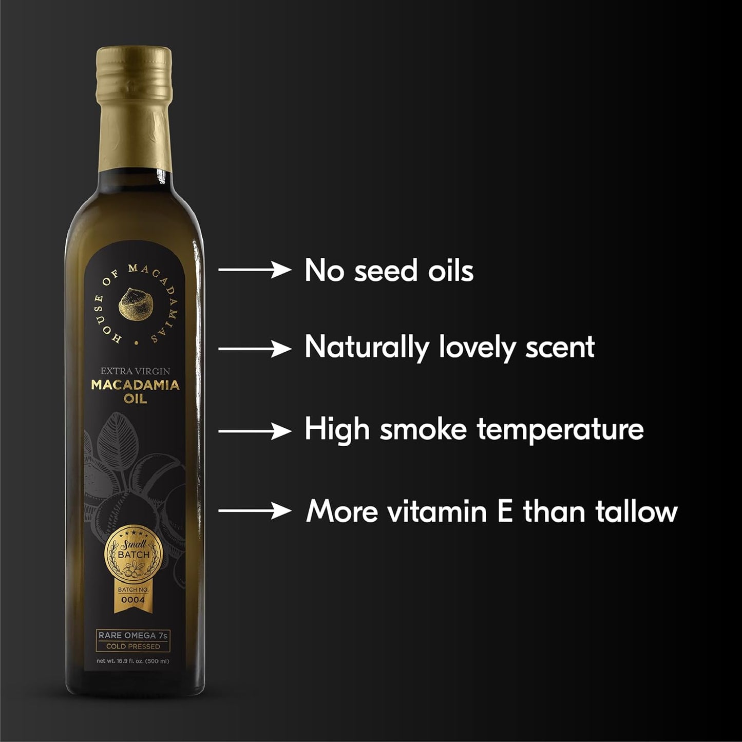 House of Macadamias, Macadamia Nut Oil, Extra Virgin, High Heat Cooking Oil, Cold-Pressed, 16.9 fl. oz. Glass Bottle - 100% Pure, Seed-Oil Free