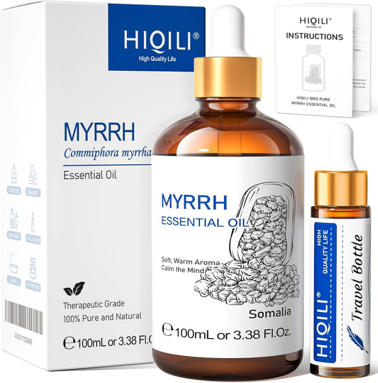 HIQILI 100ML Myrrh Essential Oil for Skin, Diffuser & Candle, 100% Pure and Natural - 3.38 Fl Oz