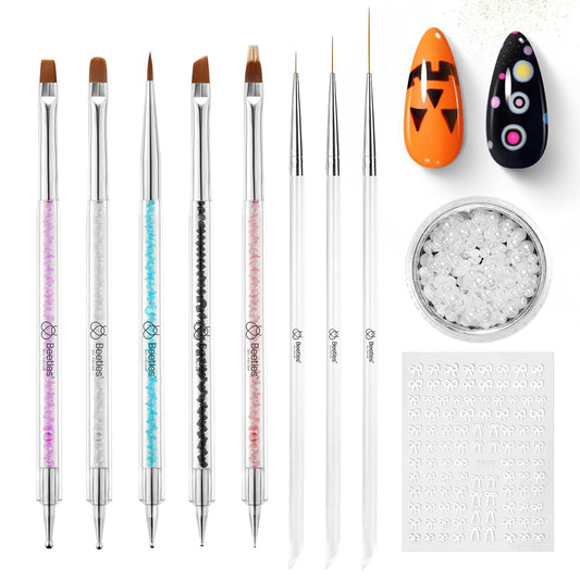 Beetles Nail Art Brushes, 8pcs Double-headed Nail Art Tool Set, Nail Dotting Tools, Striping Nail Art Brushes for Lines, Nail Drawing Pen with Bow knot Stickers Gift for Women