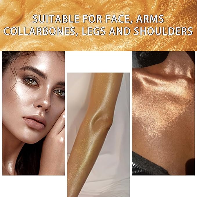 Shimmer Body Oil, Face and Body Liquid Luminizer Waterproof Moisturizing, Light Shimmer Glow Illuminator, Smooth Body Highlighter Makeup Liquid Body Shimmer (2# Gold)