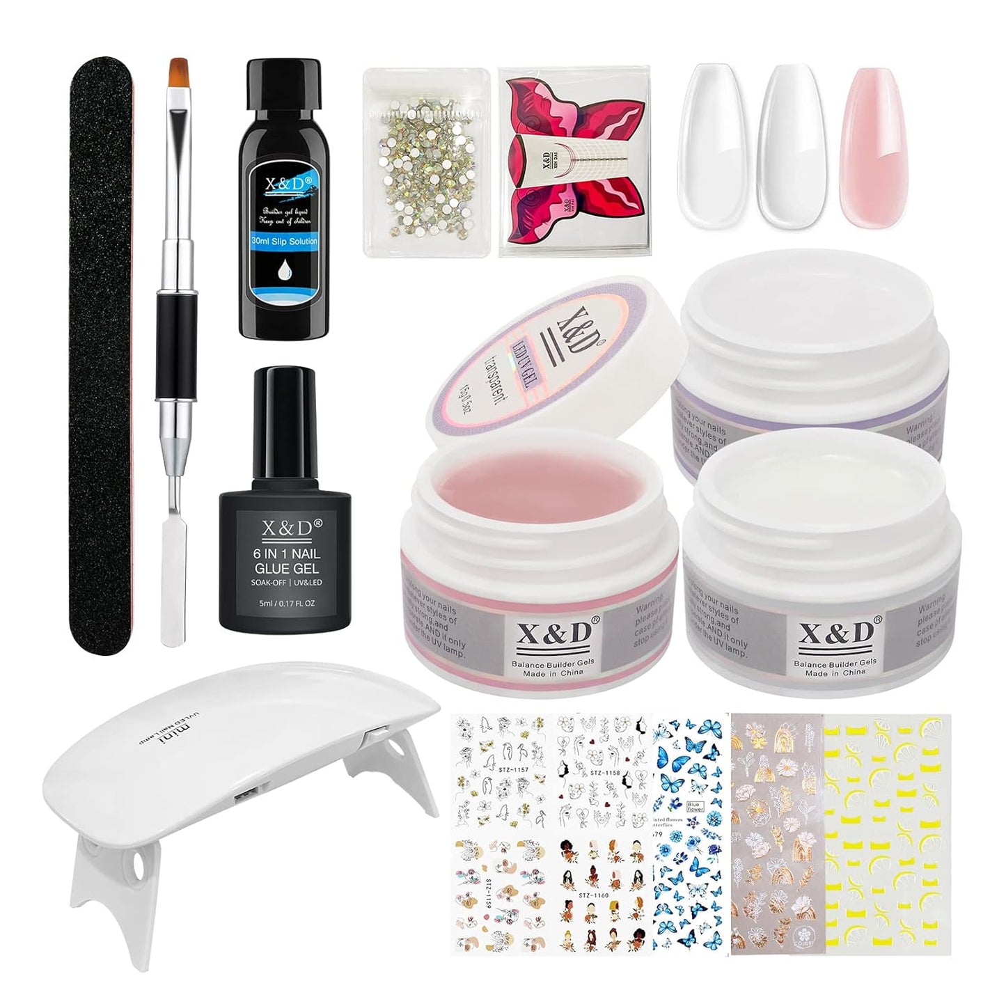 X&D Poly Gel Nail Kit 3 Colors Natural Clear Colors Poly Nail Gel Kit Nail Extension Builder Nail Gel Quick Manicure Home DIY Set for Women (Transparent, Nude Pink, White)