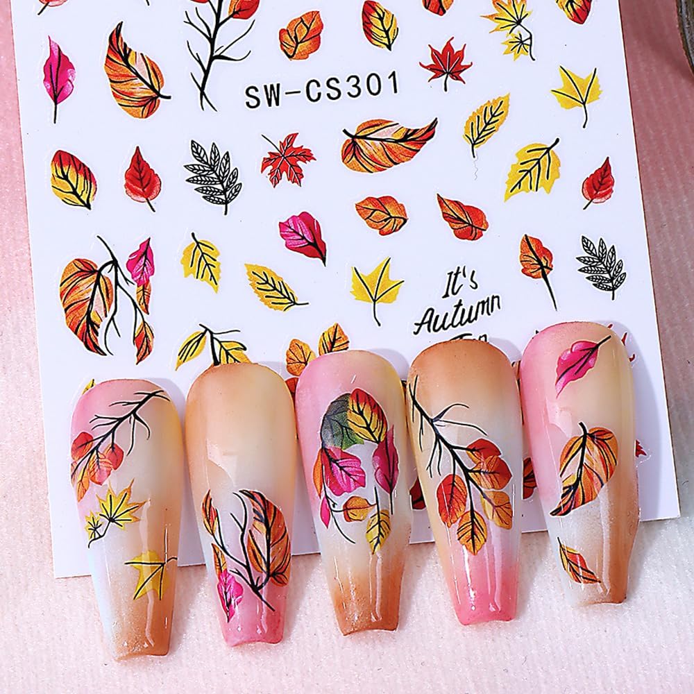 6PCS Fall Nail Art Sticker Autumn Leaves Pumpkin Nail Decals 3D Self-Adhesive Thanksgiving Gold Yellow Maple Leaf Nail Design Nail Art Supplies for Women Holiday DIY Manicure Decoration Accessories