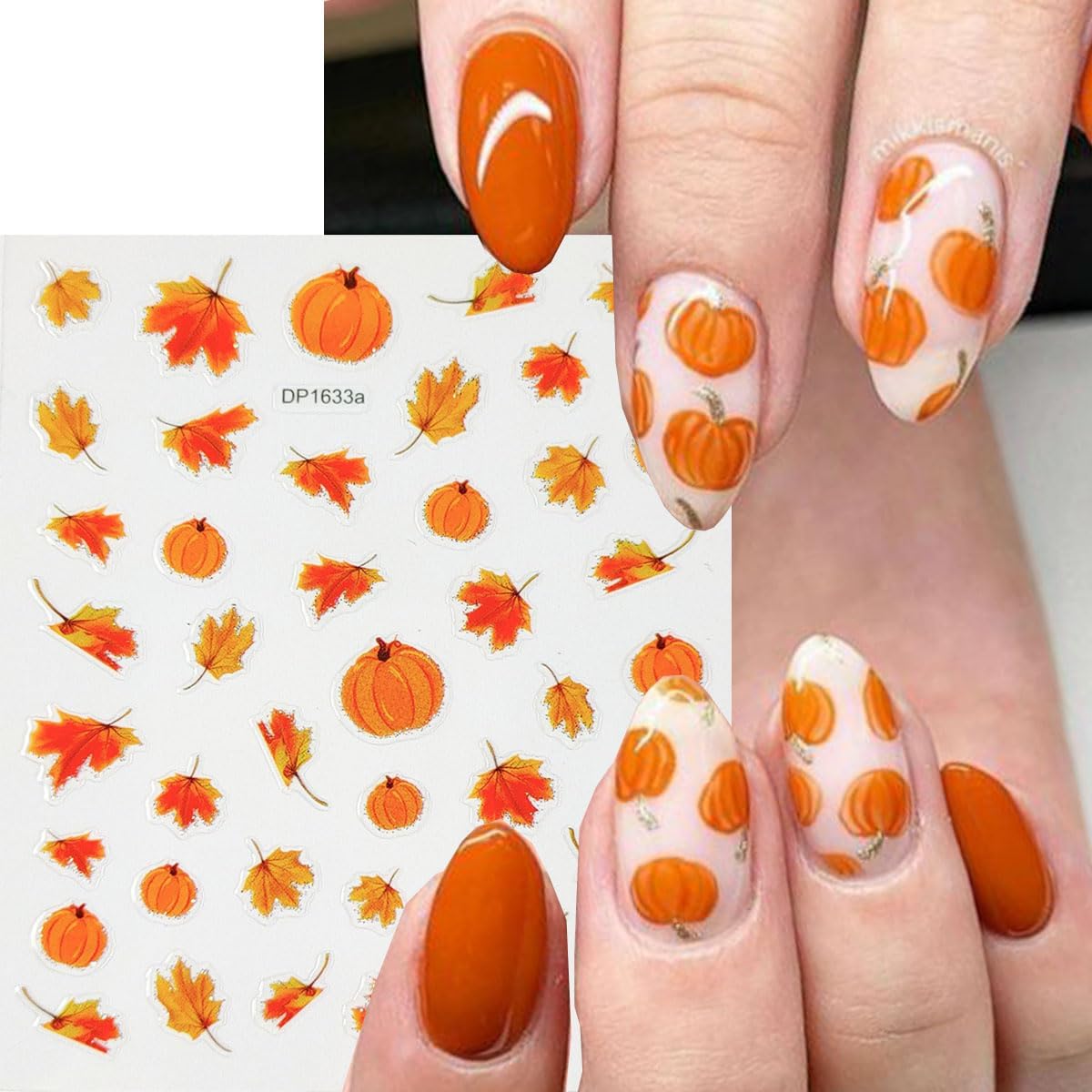 8 Sheets Maple Leaf Nail Stickers Pumpkin Nail Decals Orange Nail Art Stickers Fruit Leaves Mushroom with Glitter Design Autumn Nail Sticker for Nail Art for Women DIY Thanksgiving Manicure Supplies