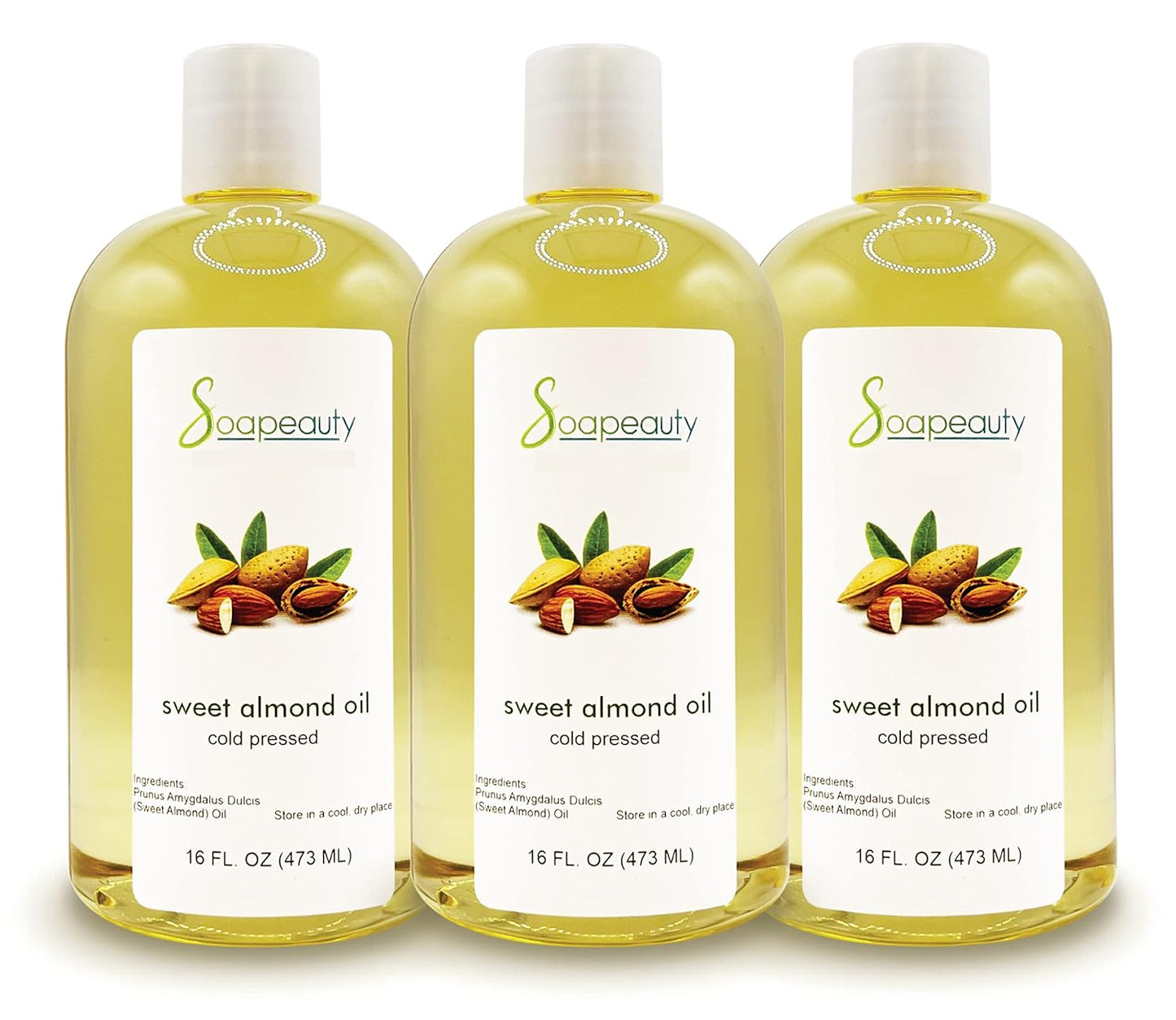 Soapeauty Sweet Almond Oil Cold Pressed Refined | 100% Pure Sweet Almond Oil Available in Bulk | Carrier for Essential Oils, Almond Oil for Skin, Face, and Hair, Soap Making | 48 fl oz (3 * 16 fl oz)