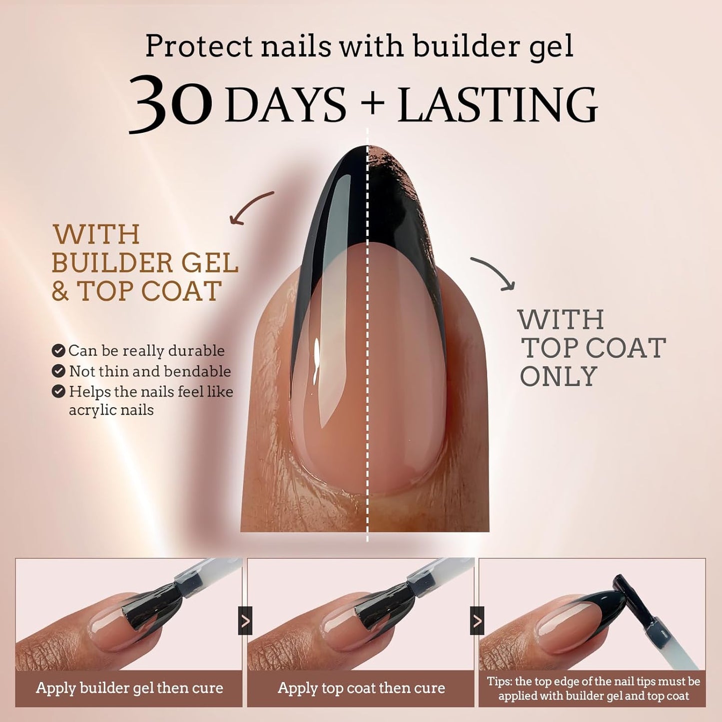 BTArtboxnails XCOATTIPS French Tip Nails - Long Press on Nails, Square Nail Tips Black, French Tip Press on Nails, Soft Gel False Nail Tips, Soak Off Acrylic Fake Nails