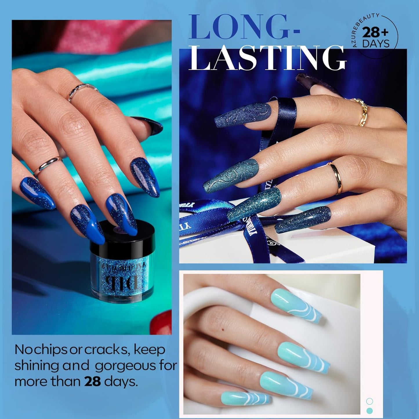 AZUREBEAUTY 30Pcs Dip Powder Nail Kit Starter with Nail Sticks, Glitter Baby Dark Blue 8 Colors Dipping Powder Liquid Set Added Matte Top Coat for Fall Winter Nail Art Manicure Salon DIY Home Gift