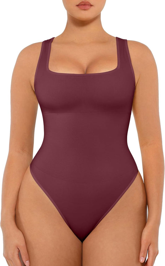 FeelinGirl Bodysuits for Women Seamless Square Neck Tummy Control Compression Thong Shapewear Bodysuit Tank Tops Bodysuit