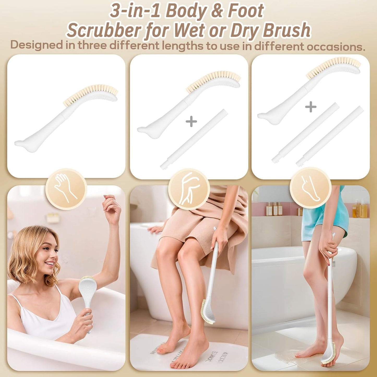New Foot Brush with Adjustable Long Handle, 3-in-1 Foot Scrubber for Wet or Dry Brushing, 10.2’’- 27.5’’ Foot Scrub Brush for Senior, Pregnant, Disabled, or Injured, Gift-Box Packed(White)