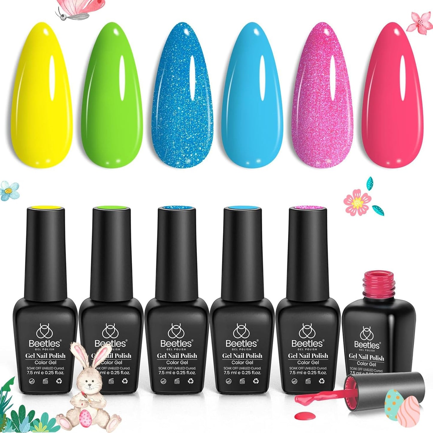 Beetles Neon Gel Polish Set, 6 Colors Glitter Blue Hot Pink Gel Nail Polish Green Nail Polish Shimmer Nail Design Nail Art Soak Off U v Nail Lamp Cured Manicure Kit Diy at Home Gifts for Women